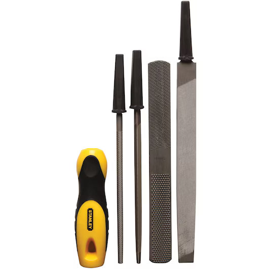 The STANLEY FILE SET (5 PC) includes five metal woodworking files with yellow and black handles, each featuring different shapes and textures for precision filing. The Stanley logo is displayed on each handle.